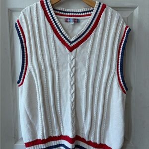 Urban Outfitters Cream Cable Knit Vest with Red & Navy Stripes. Unisex